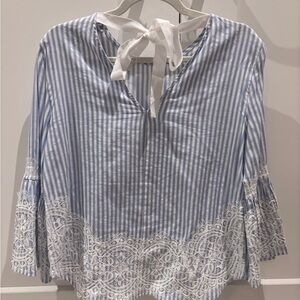 Zara Blue and White Striped Blouse with Lace Detail